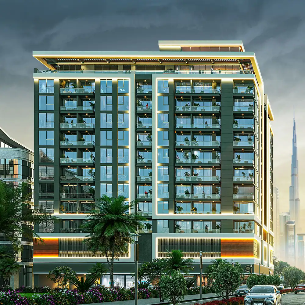 Side-angle view of Olivo Park Residences showcasing modern balconies, premium design, and commercial entrance.